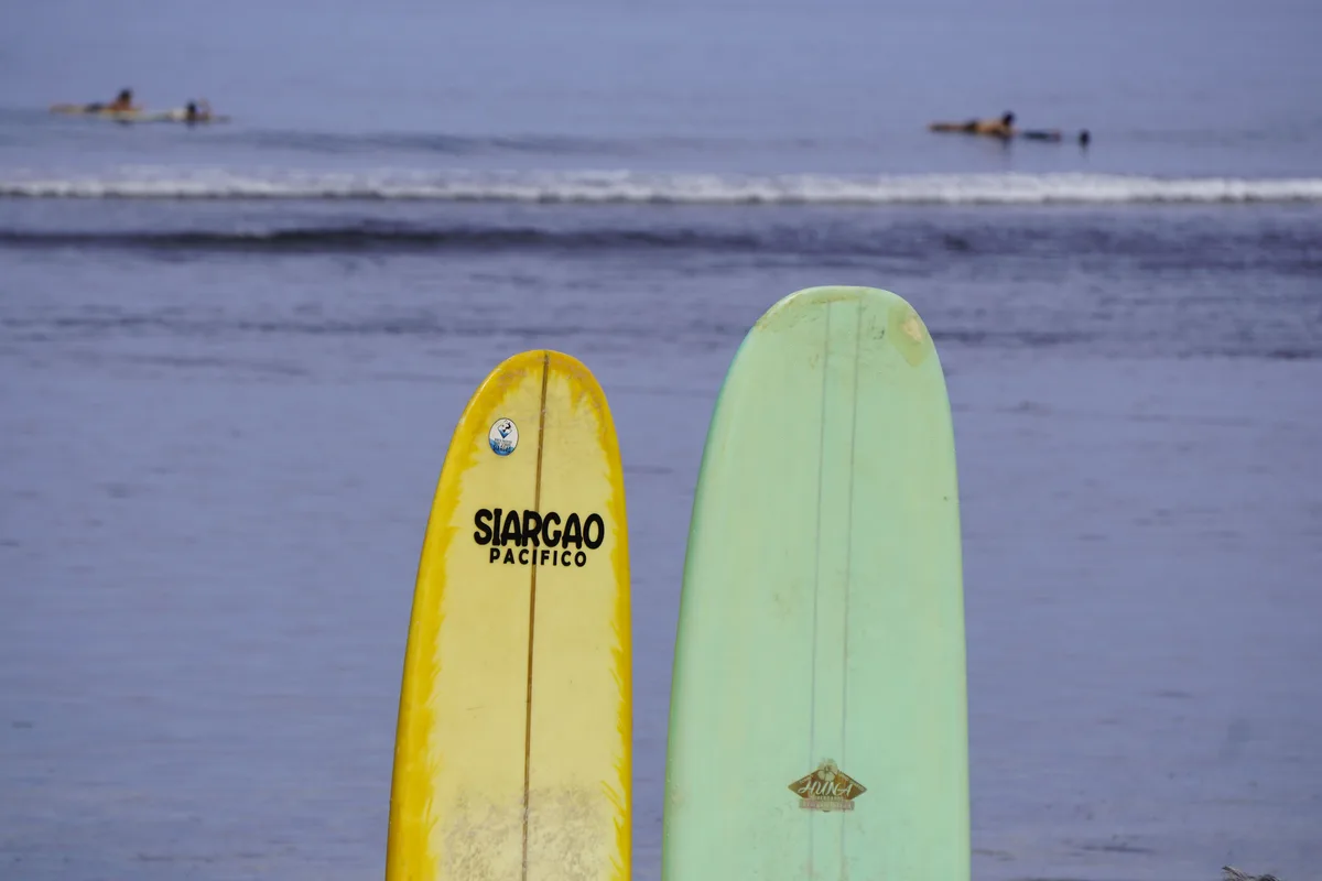 Colourful surfboards lined up on a beach in Siargao, the Philippines' surfing capital