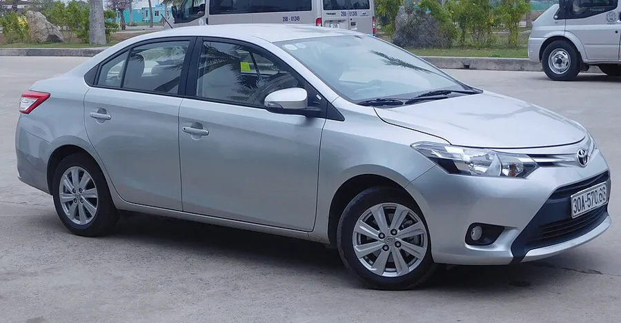 Silver Toyota Vios compact sedan, front view